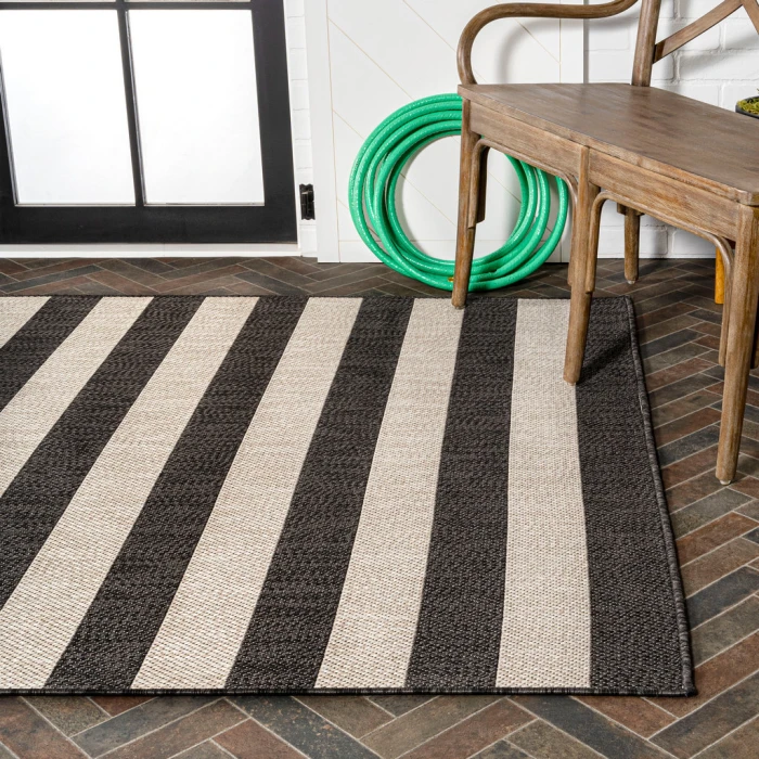 Negril Two-Tone Wide Stripe Black/Beige 8 ft. x 10 ft. Indoor/Outdoor Area Rug