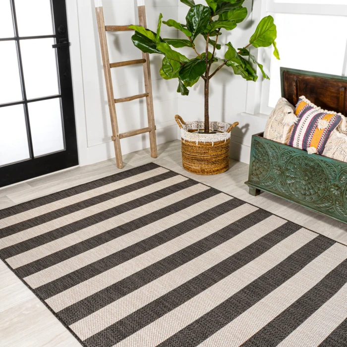 Negril Two-Tone Wide Stripe Black/Beige 8 ft. x 10 ft. Indoor/Outdoor Area Rug