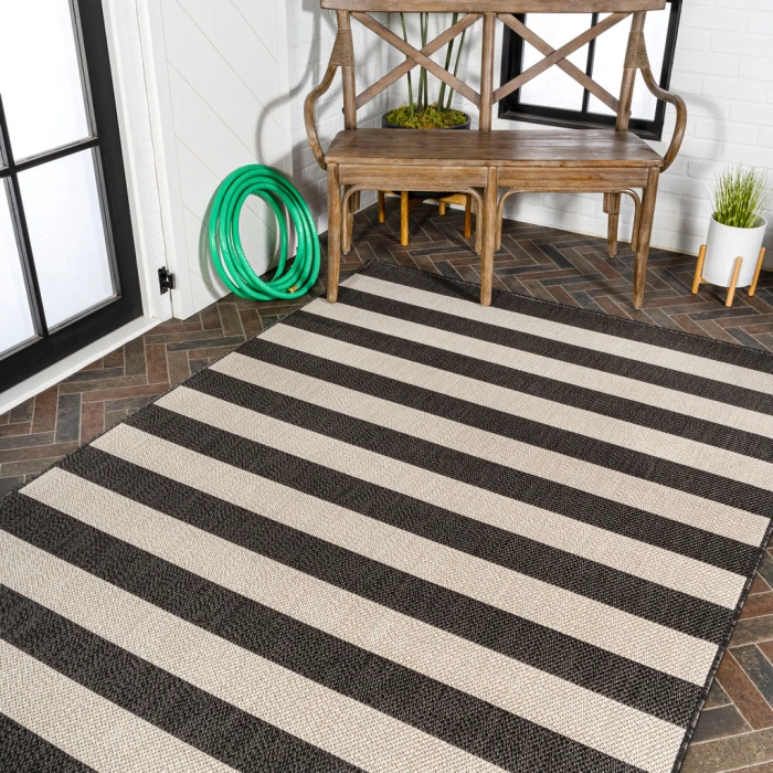 Negril Two-Tone Wide Stripe Black/Beige 8 ft. x 10 ft. Indoor/Outdoor Area Rug