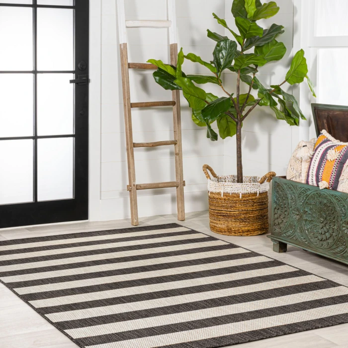 Negril Two-Tone Wide Stripe Black/Beige 8 ft. x 10 ft. Indoor/Outdoor Area Rug