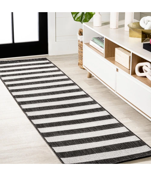 Negril Two-Tone Wide Stripe Black/Cream 2 ft. x 8 ft. Indoor/Outdoor Runner Rug