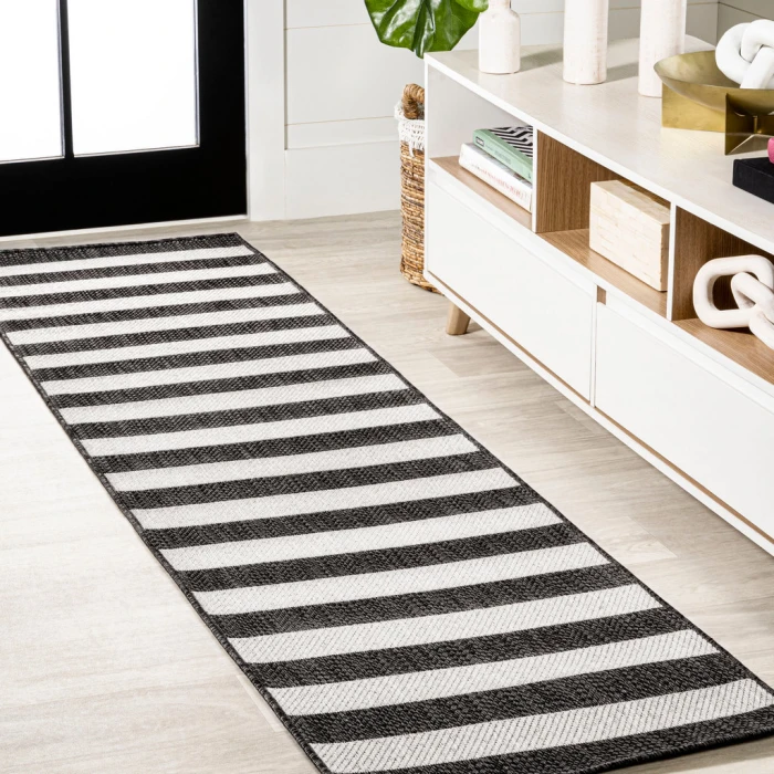 Negril Two-Tone Wide Stripe Black/Cream 2 ft. x 8 ft. Indoor/Outdoor Runner Rug