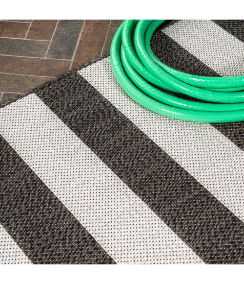 Negril Two-Tone Wide Stripe Black/Cream 2 ft. x 8 ft. Indoor/Outdoor Runner Rug