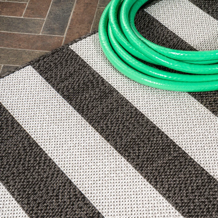 Negril Two-Tone Wide Stripe Black/Cream 2 ft. x 8 ft. Indoor/Outdoor Runner Rug