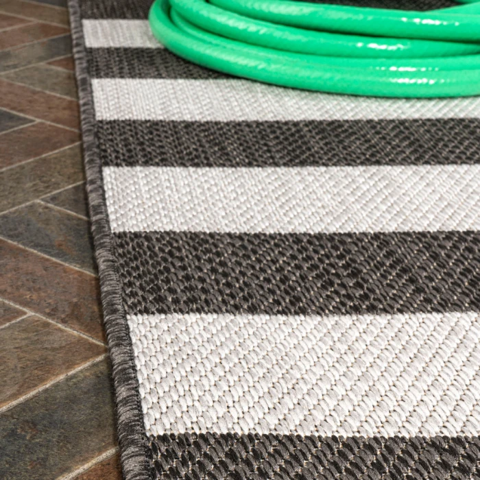 Negril Two-Tone Wide Stripe Black/Cream 2 ft. x 8 ft. Indoor/Outdoor Runner Rug