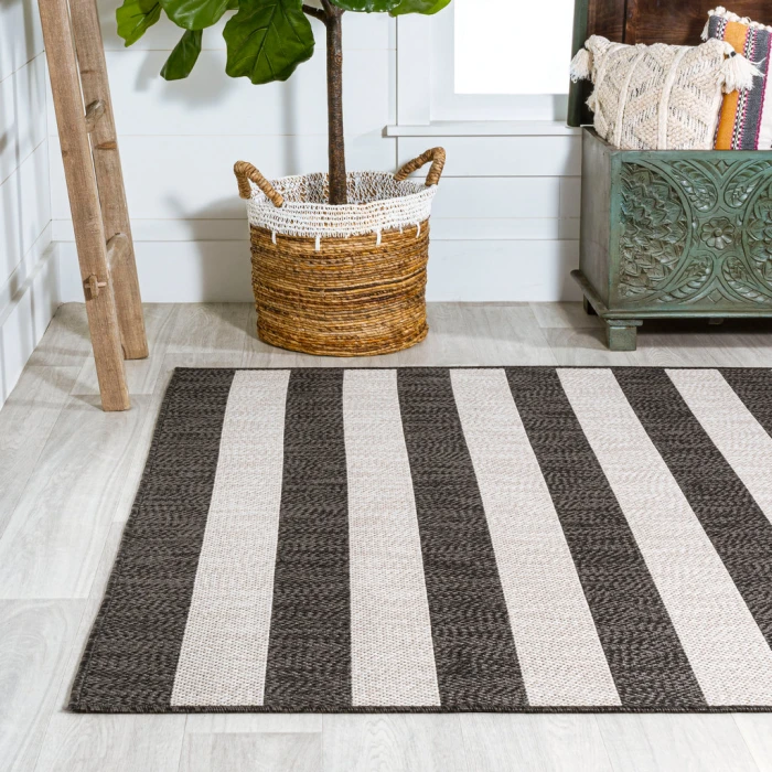 Negril Two-Tone Wide Stripe Black/Cream 8 ft. x 10 ft. Indoor/Outdoor Area Rug