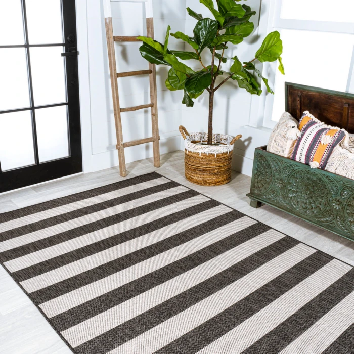 Negril Two-Tone Wide Stripe Black/Cream 8 ft. x 10 ft. Indoor/Outdoor Area Rug