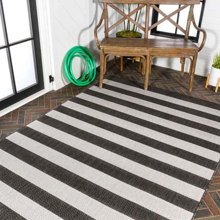 Negril Two-Tone Wide Stripe Black/Cream 8 ft. x 10 ft. Indoor/Outdoor Area Rug