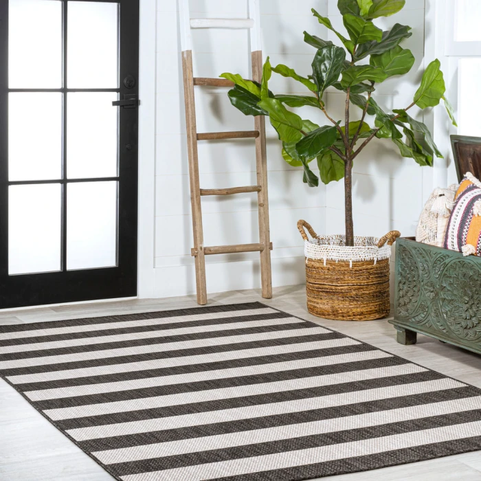 Negril Two-Tone Wide Stripe Black/Cream 8 ft. x 10 ft. Indoor/Outdoor Area Rug