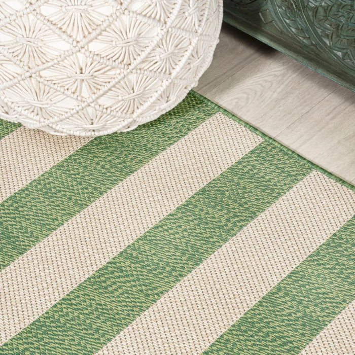 Negril Two-Tone Wide Stripe Green/Cream 2 ft. x 8 ft. Indoor/Outdoor Runner Rug