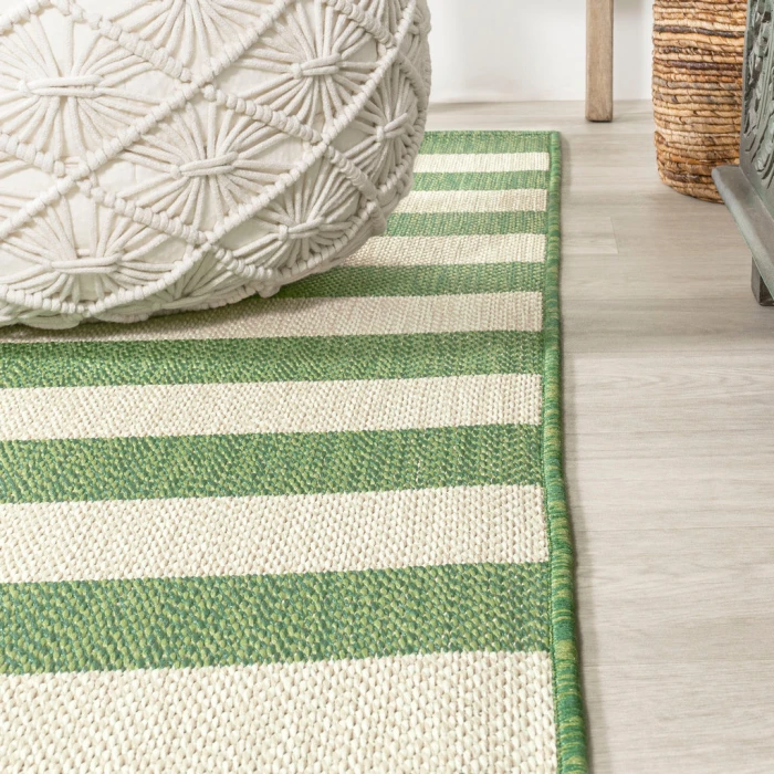 Negril Two-Tone Wide Stripe Green/Cream 2 ft. x 8 ft. Indoor/Outdoor Runner Rug