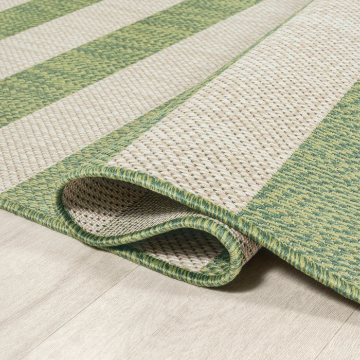 Negril Two-Tone Wide Stripe Green/Cream 2 ft. x 8 ft. Indoor/Outdoor Runner Rug