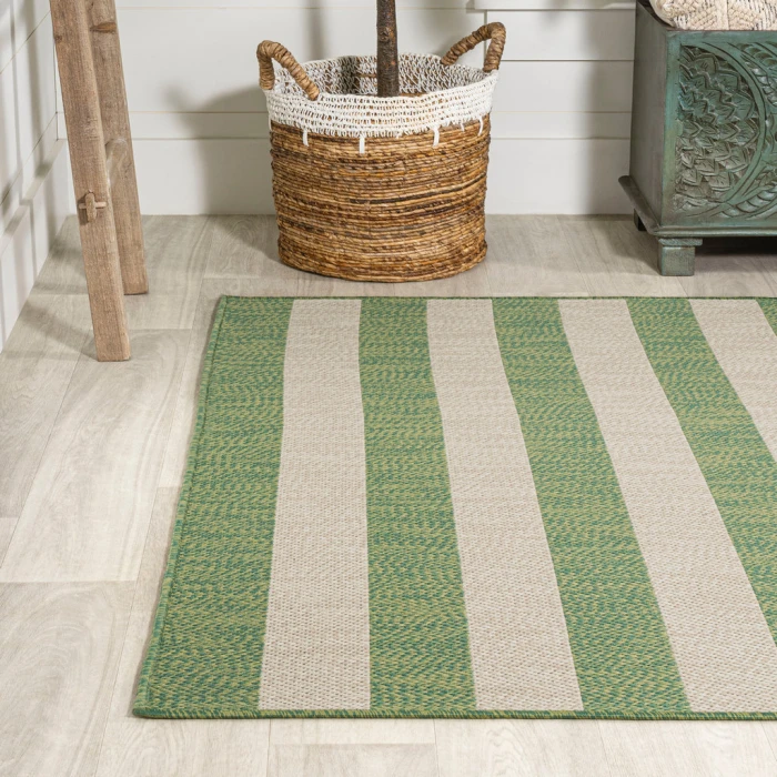 Negril Two-Tone Wide Stripe Green/Cream 8 ft. x 10 ft. Indoor/Outdoor Area Rug