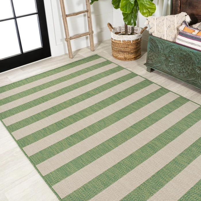 Negril Two-Tone Wide Stripe Green/Cream 8 ft. x 10 ft. Indoor/Outdoor Area Rug