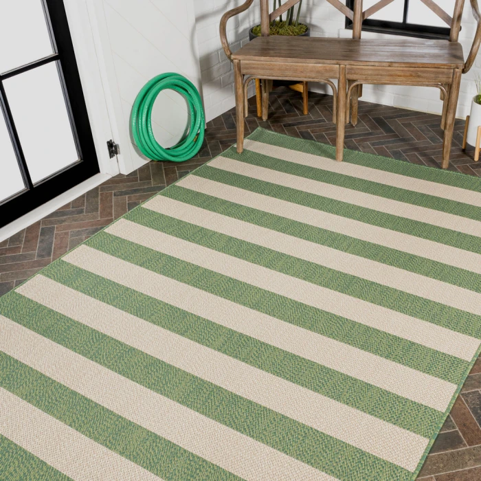 Negril Two-Tone Wide Stripe Green/Cream 8 ft. x 10 ft. Indoor/Outdoor Area Rug