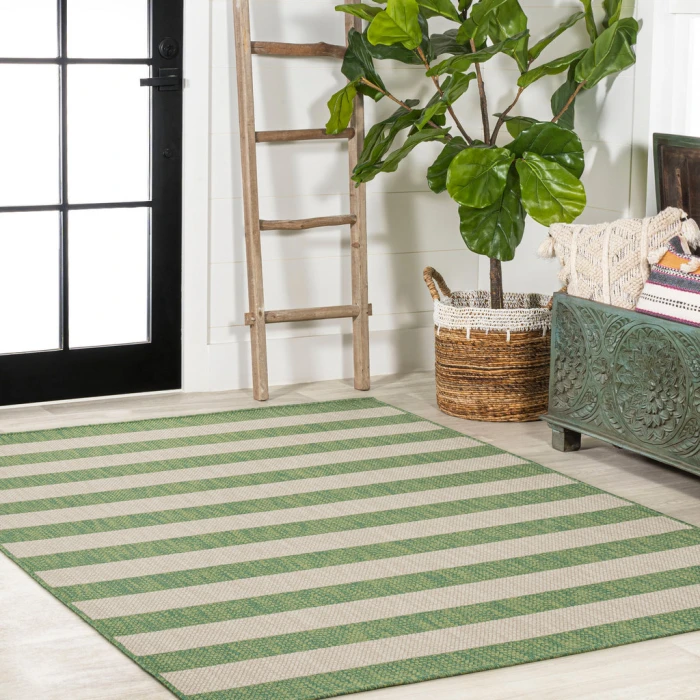 Negril Two-Tone Wide Stripe Green/Cream 8 ft. x 10 ft. Indoor/Outdoor Area Rug