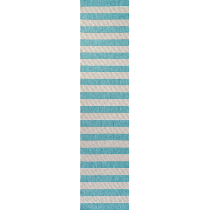 Negril Two-Tone Wide Stripe Aqua/Cream 2 ft. x 8 ft. Indoor/Outdoor Runner Rug