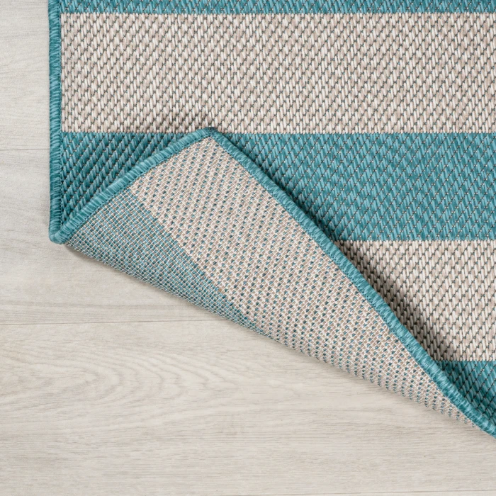 Negril Two-Tone Wide Stripe Aqua/Cream 2 ft. x 8 ft. Indoor/Outdoor Runner Rug