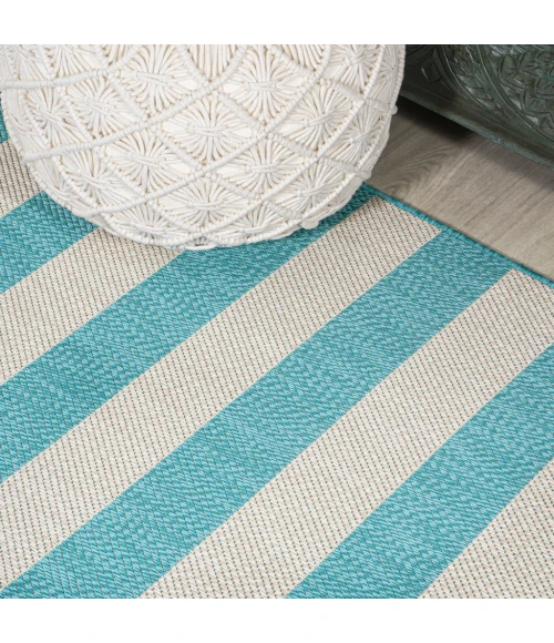Negril Two-Tone Wide Stripe Aqua/Cream 2 ft. x 8 ft. Indoor/Outdoor Runner Rug