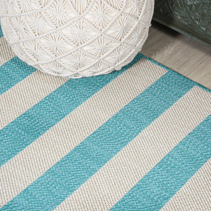 Negril Two-Tone Wide Stripe Aqua/Cream 2 ft. x 8 ft. Indoor/Outdoor Runner Rug