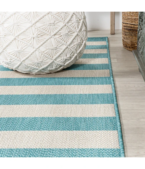 Negril Two-Tone Wide Stripe Aqua/Cream 2 ft. x 8 ft. Indoor/Outdoor Runner Rug