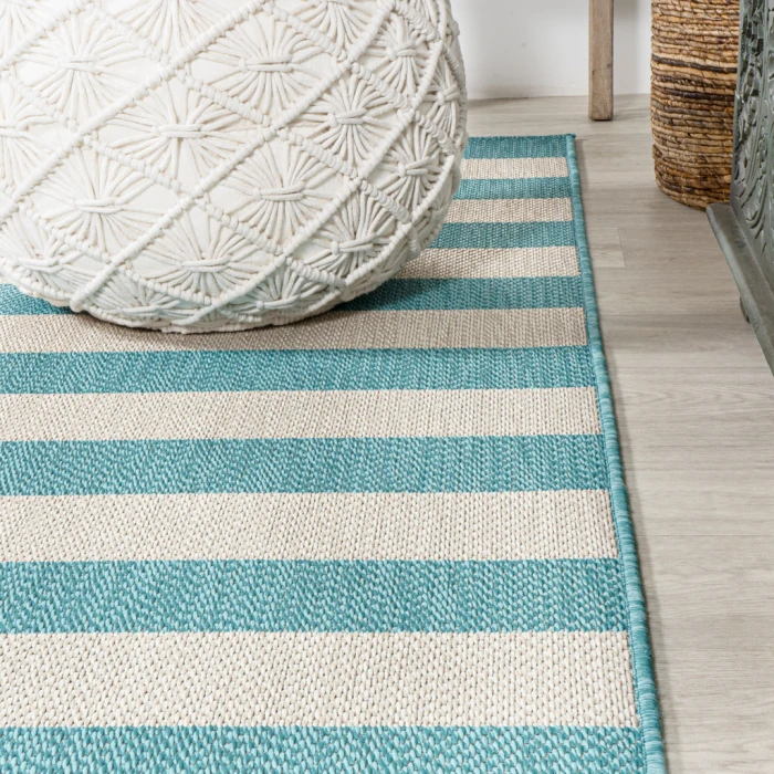 Negril Two-Tone Wide Stripe Aqua/Cream 2 ft. x 8 ft. Indoor/Outdoor Runner Rug