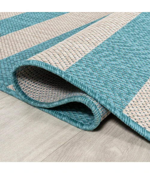 Negril Two-Tone Wide Stripe Aqua/Cream 2 ft. x 8 ft. Indoor/Outdoor Runner Rug