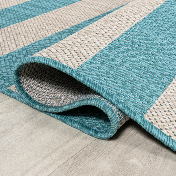 Negril Two-Tone Wide Stripe Aqua/Cream 2 ft. x 8 ft. Indoor/Outdoor Runner Rug