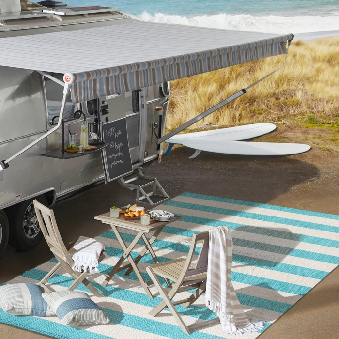 Negril Two-Tone Wide Stripe Aqua/Cream 2 ft. x 8 ft. Indoor/Outdoor Runner Rug
