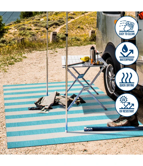 Negril Two-Tone Wide Stripe Aqua/Cream 2 ft. x 8 ft. Indoor/Outdoor Runner Rug