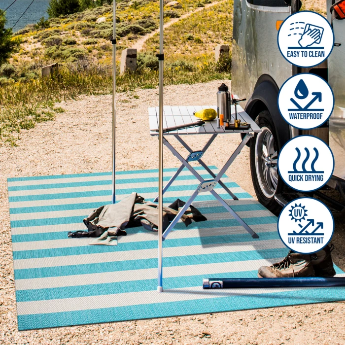 Negril Two-Tone Wide Stripe Aqua/Cream 2 ft. x 8 ft. Indoor/Outdoor Runner Rug