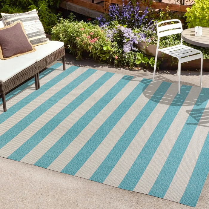 Negril Two-Tone Wide Stripe Aqua/Cream 3 ft. x 5 ft. Indoor/Outdoor Area Rug