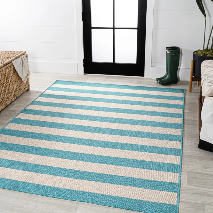 Negril Two-Tone Wide Stripe Aqua/Cream 3 ft. x 5 ft. Indoor/Outdoor Area Rug