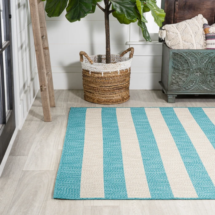 Negril Two-Tone Wide Stripe Aqua/Cream 3 ft. x 5 ft. Indoor/Outdoor Area Rug