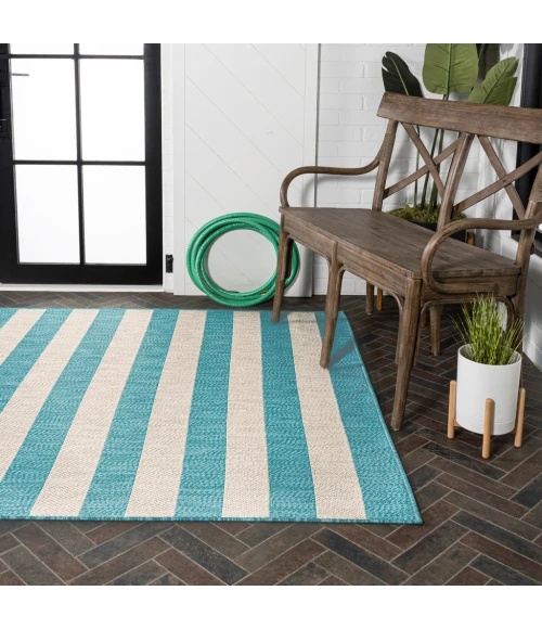 Negril Two-Tone Wide Stripe Aqua/Cream 4 ft. x 6 ft. Indoor/Outdoor Area Rug