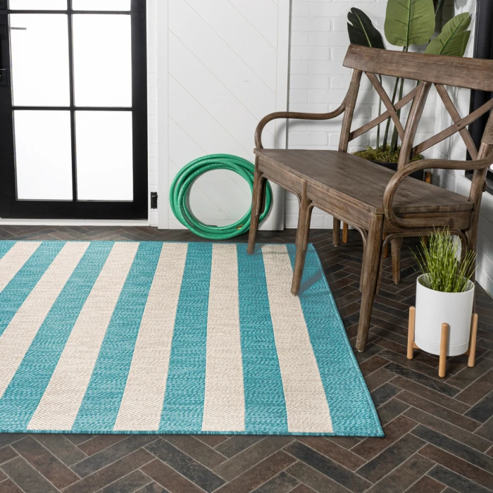 Negril Two-Tone Wide Stripe Aqua/Cream 3 ft. x 5 ft. Indoor/Outdoor Area Rug