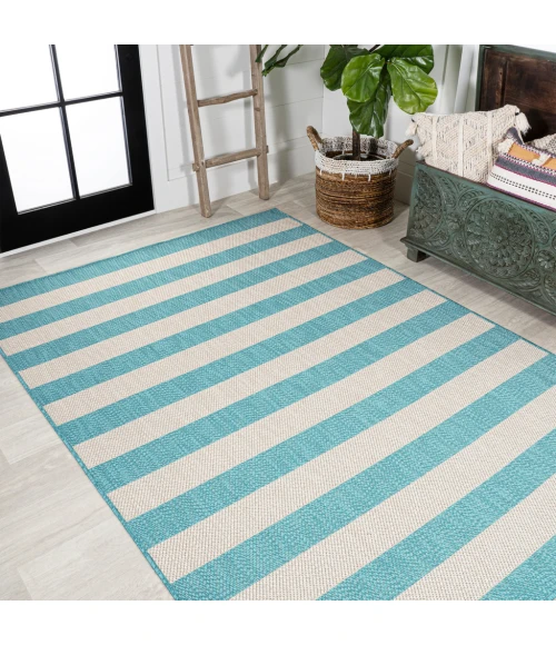 Negril Two-Tone Wide Stripe Aqua/Cream 4 ft. x 6 ft. Indoor/Outdoor Area Rug