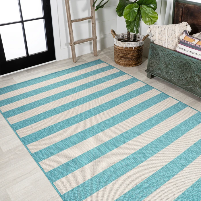 Negril Two-Tone Wide Stripe Aqua/Cream 3 ft. x 5 ft. Indoor/Outdoor Area Rug