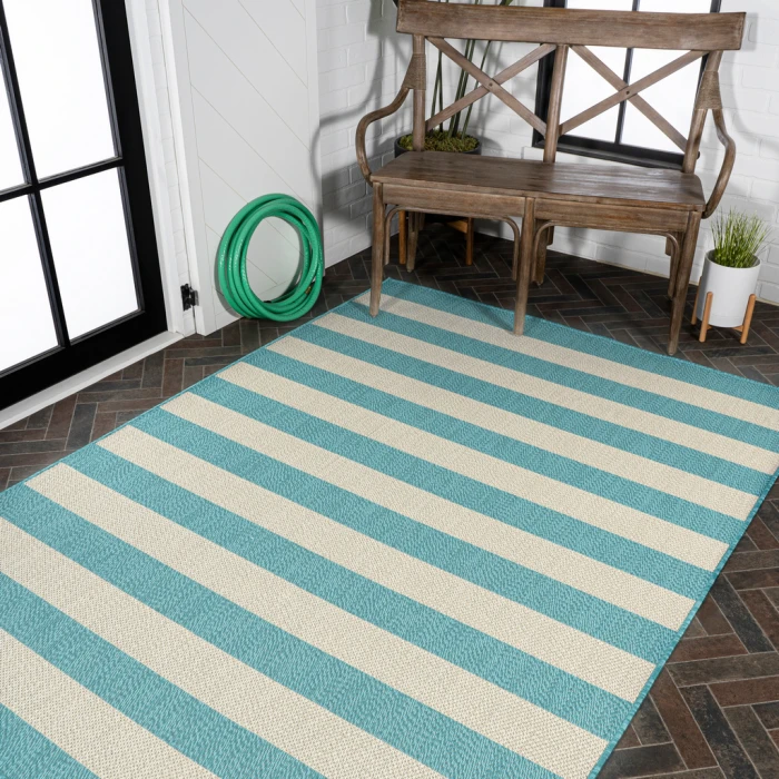 Negril Two-Tone Wide Stripe Aqua/Cream 3 ft. x 5 ft. Indoor/Outdoor Area Rug