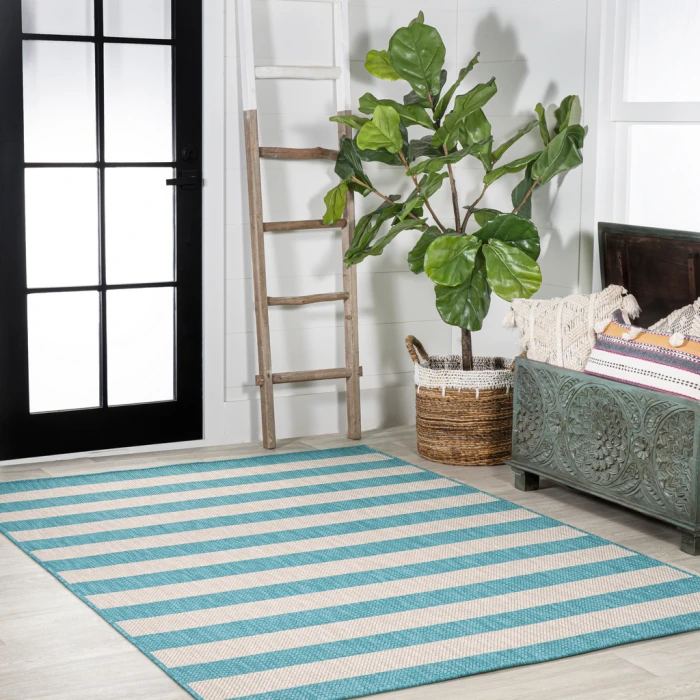 Negril Two-Tone Wide Stripe Aqua/Cream 3 ft. x 5 ft. Indoor/Outdoor Area Rug