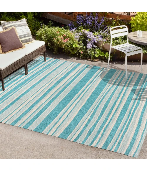 Castara Wavy Stripe Modern Aqua/Cream 8 ft. x 10 ft. Indoor/Outdoor Area Rug