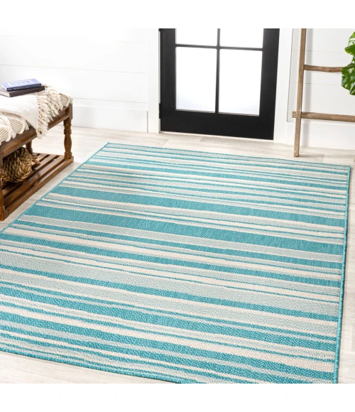 Castara Wavy Stripe Modern Aqua/Cream 8 ft. x 10 ft. Indoor/Outdoor Area Rug