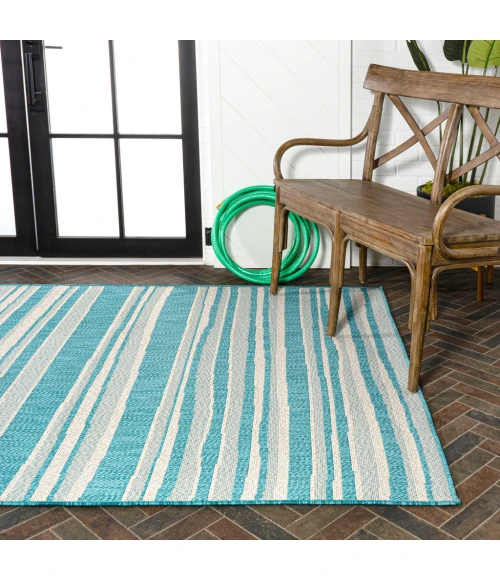 Castara Wavy Stripe Modern Aqua/Cream 8 ft. x 10 ft. Indoor/Outdoor Area Rug