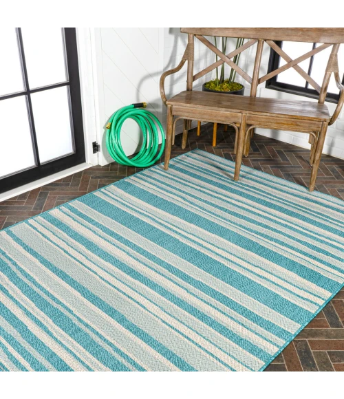 Castara Wavy Stripe Modern Aqua/Cream 8 ft. x 10 ft. Indoor/Outdoor Area Rug