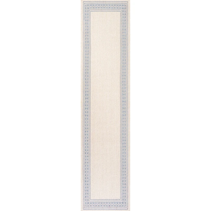 Lucia Classic Diamond Border Cream/Blue 2 ft. x 8 ft. Indoor/Outdoor Runner Rug