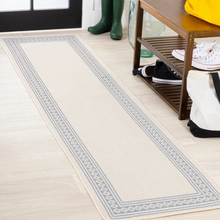 Lucia Classic Diamond Border Cream/Blue 2 ft. x 8 ft. Indoor/Outdoor Runner Rug