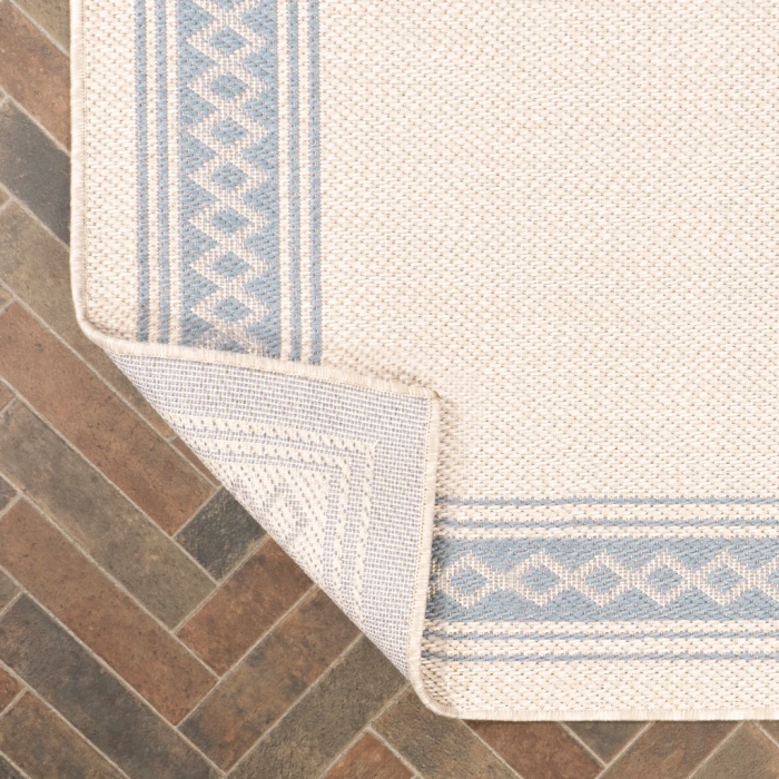 Lucia Classic Diamond Border Cream/Blue 2 ft. x 8 ft. Indoor/Outdoor Runner Rug