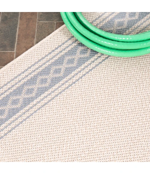 Lucia Classic Diamond Border Cream/Blue 2 ft. x 8 ft. Indoor/Outdoor Runner Rug