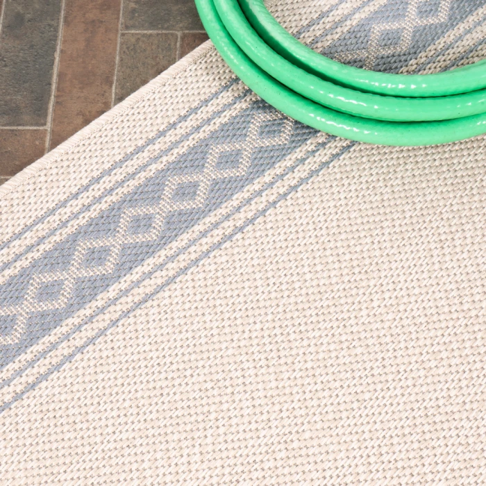 Lucia Classic Diamond Border Cream/Blue 2 ft. x 8 ft. Indoor/Outdoor Runner Rug