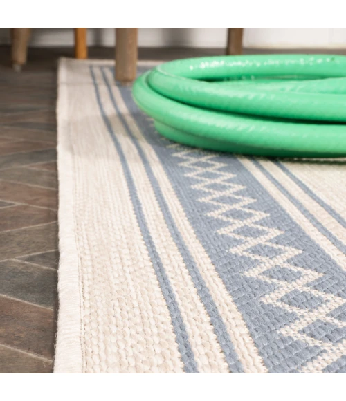 Lucia Classic Diamond Border Cream/Blue 2 ft. x 8 ft. Indoor/Outdoor Runner Rug